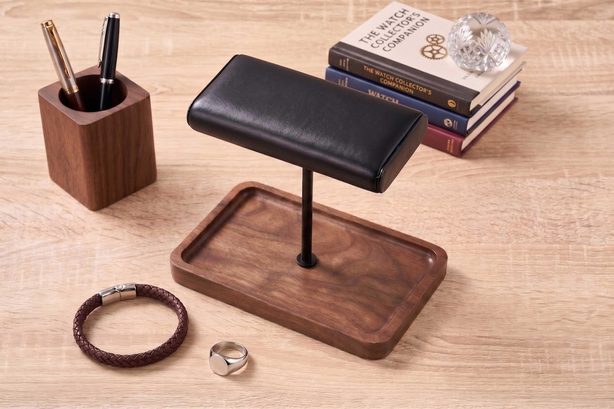 Custom Wood Watch Display Stand with Jewelry Catchall Tray, Engraved Men's Valet Tray, Nightstand Organizer, Watch Holder, Gift for Him