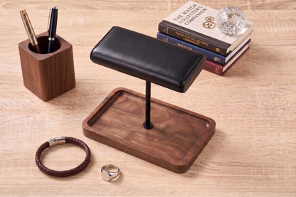 Custom Wood Watch Display Stand with Jewelry Catchall Tray, Engraved Men's Valet Tray, Nightstand Organizer, Watch Holder, Gift for Him