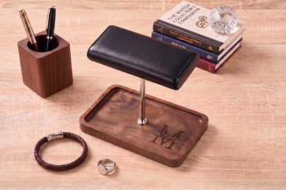 Custom Wood Watch Display Stand with Jewelry Catchall Tray, Engraved Men's Valet Tray, Nightstand Organizer, Watch Holder, Gift for Him