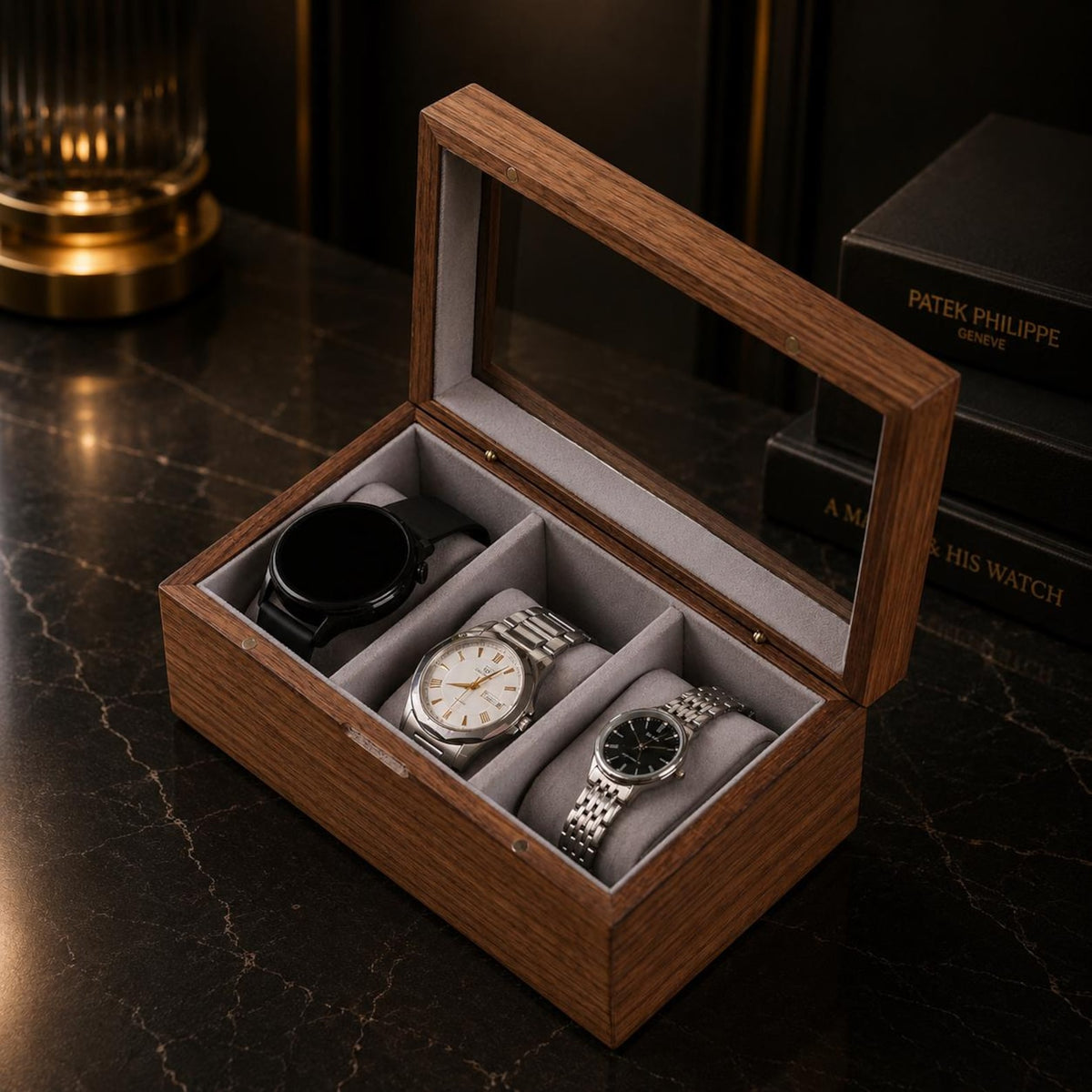 Engraved Wide Wood Watch Box - Walnut 2,3,5 Slots Watches Collection Organizer Anniversary Wedding Gift Groom Husband Father