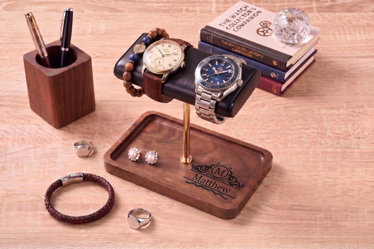 Custom Wood Watch Display Stand with Jewelry Catchall Tray, Engraved Men's Valet Tray, Nightstand Organizer, Watch Holder, Gift for Him