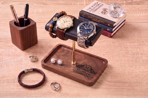 Custom Wood Watch Display Stand with Jewelry Catchall Tray, Engraved Men's Valet Tray, Nightstand Organizer, Watch Holder, Gift for Him