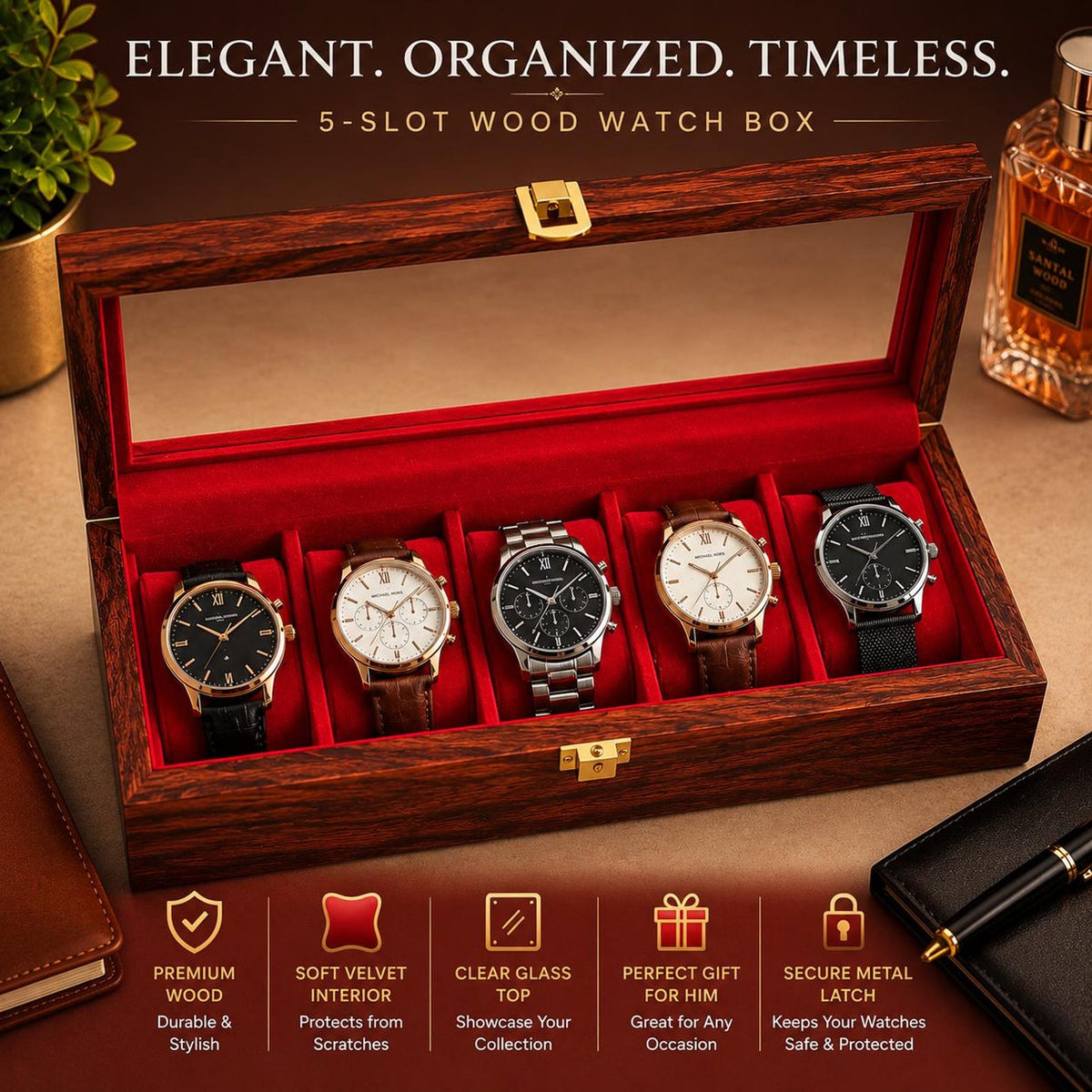 Wooden Watch Box Organizer – 5 Slot Glass Top Display Case, Velvet Lined Storage