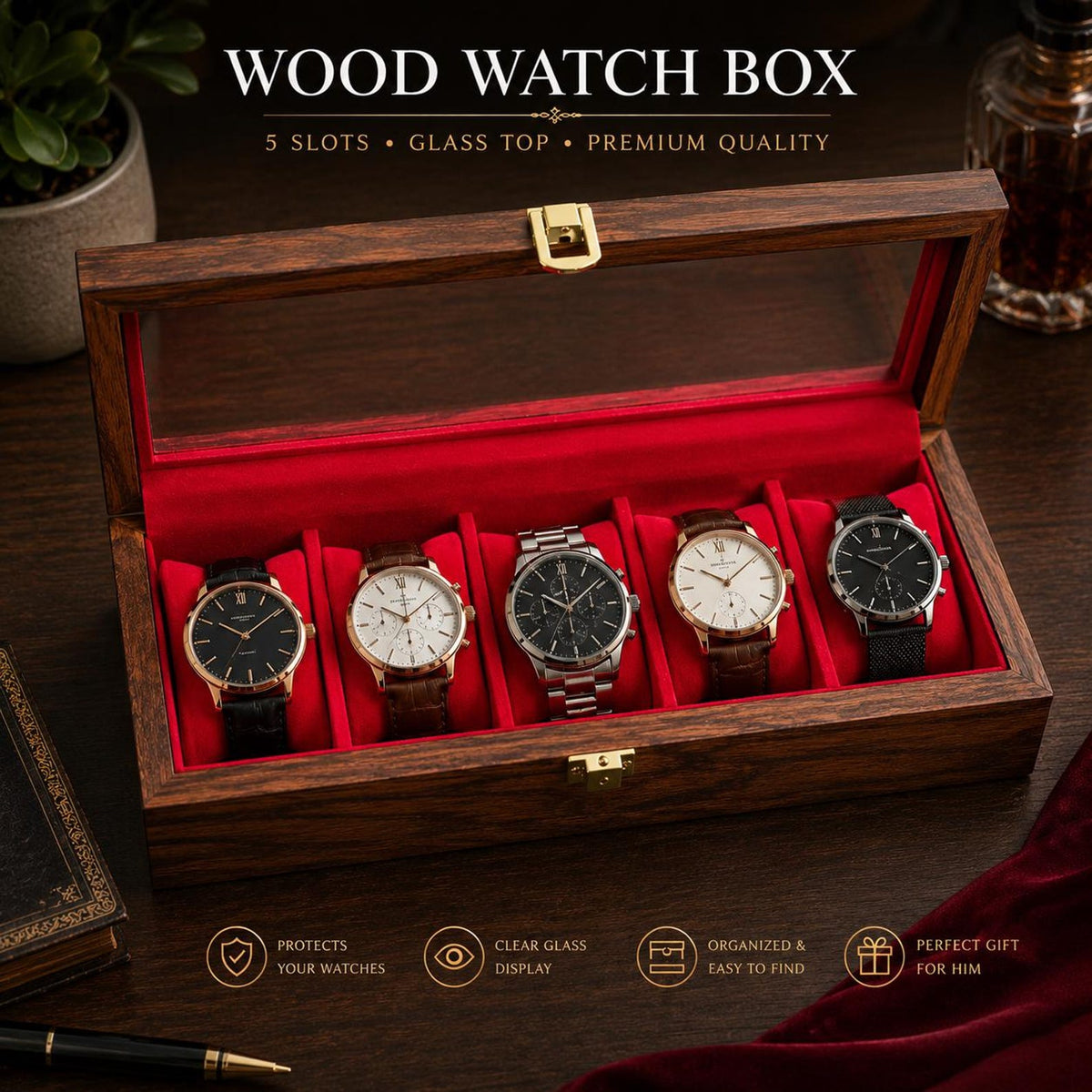 Wooden Watch Box Organizer – 5 Slot Glass Top Display Case, Velvet Lined Storage