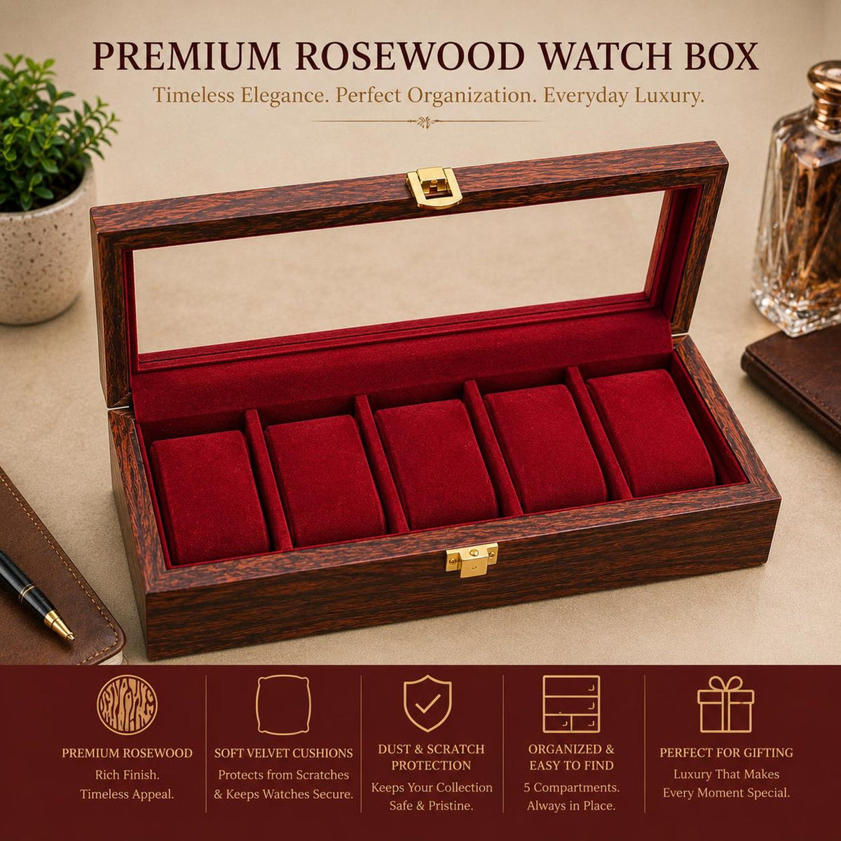 Wooden Watch Box Organizer – 5 Slot Glass Top Display Case, Velvet Lined Storage