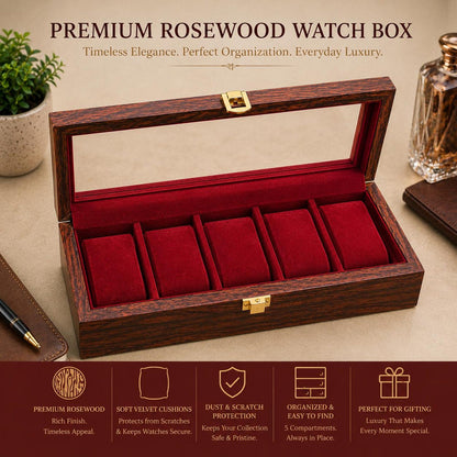 Wooden Watch Box Organizer – 5 Slot Glass Top Display Case, Velvet Lined Storage