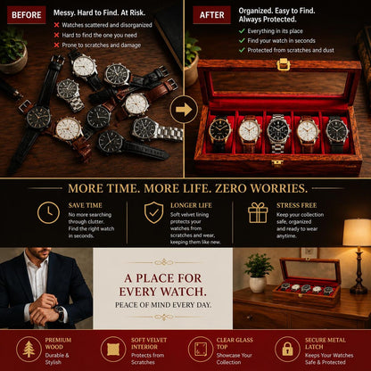 Wooden Watch Box Organizer – 5 Slot Glass Top Display Case, Velvet Lined Storage