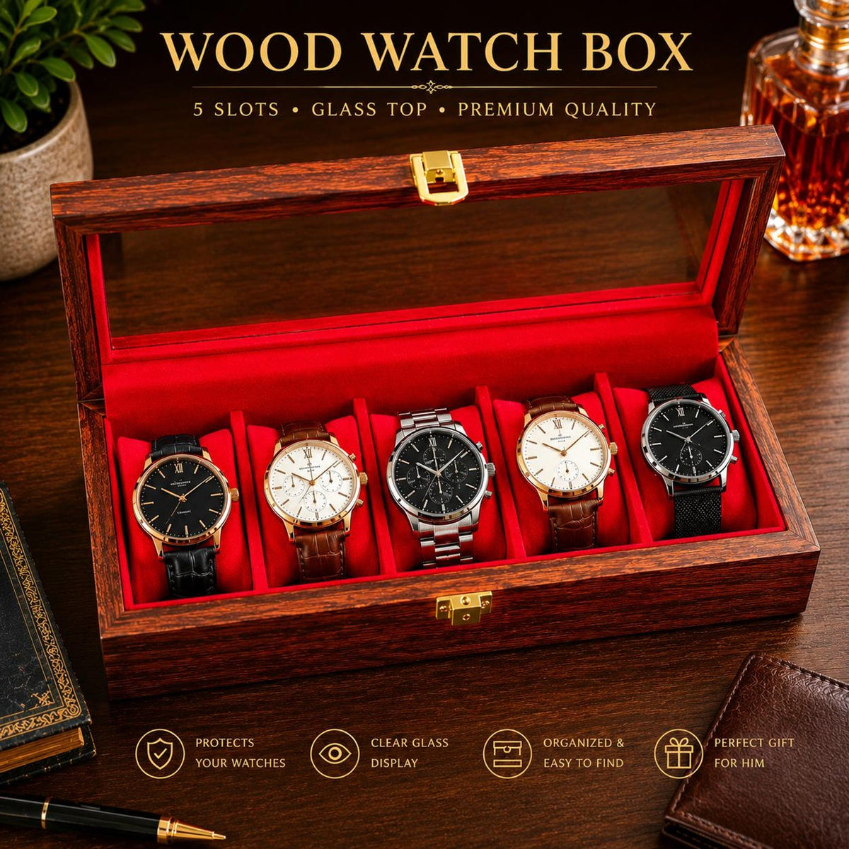 Wooden Watch Box Organizer – 5 Slot Glass Top Display Case, Velvet Lined Storage