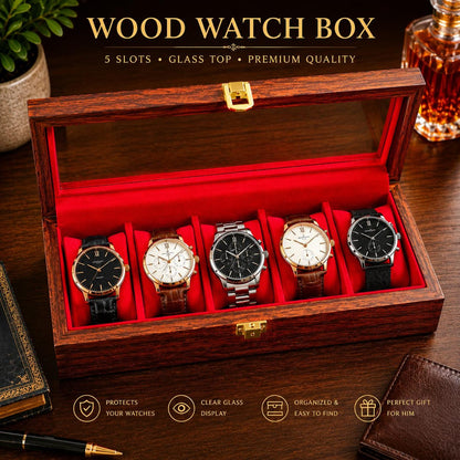 Wooden Watch Box Organizer – 5 Slot Glass Top Display Case, Velvet Lined Storage