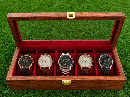 Wooden Watch Box Organizer – 5 Slot Glass Top Display Case, Velvet Lined Storage
