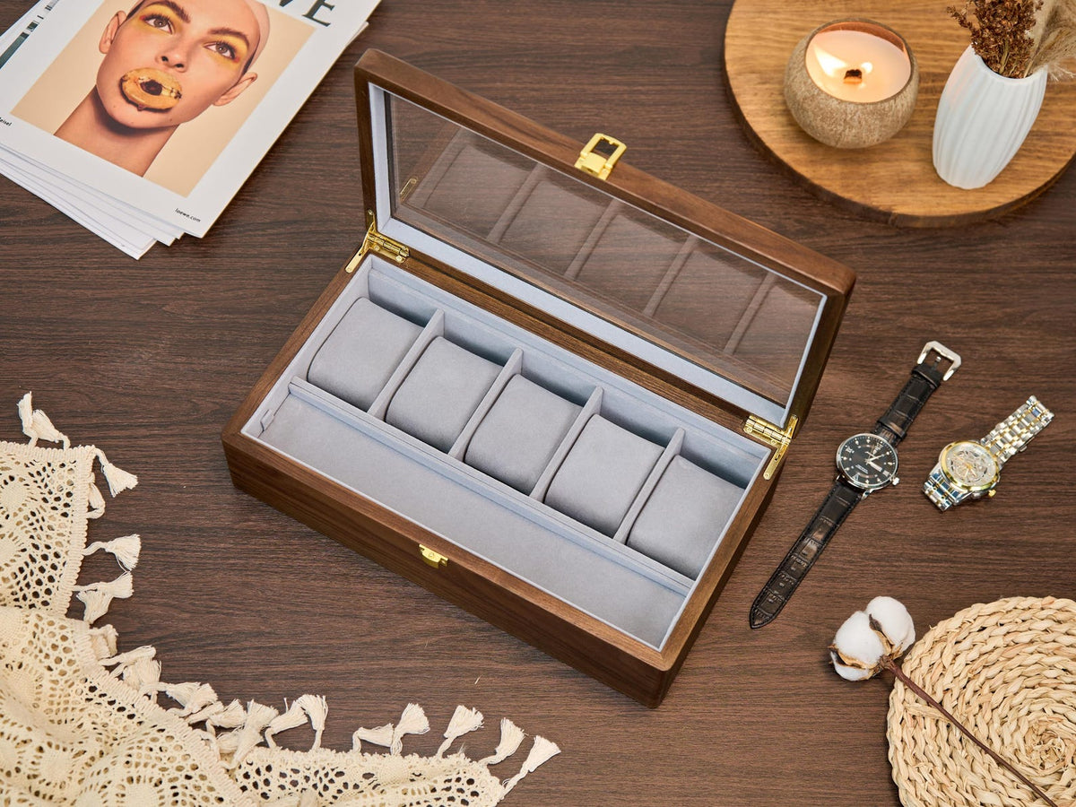 Wooden Watch Box for Men, Watch Organizer Case with Glass Lid, Luxury Wood Watch Storage Display, Custom Gift for Husband Dad Boyfriend