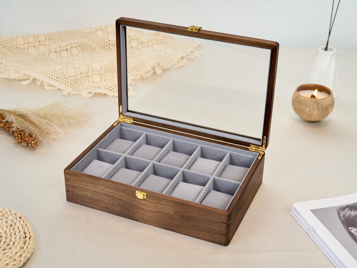 Wooden Watch Box for Men, Watch Organizer Case with Glass Lid, Luxury Wood Watch Storage Display, Custom Gift for Husband Dad Boyfriend
