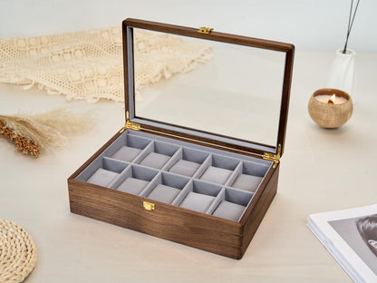 Wooden Watch Box for Men, Watch Organizer Case with Glass Lid, Luxury Wood Watch Storage Display, Custom Gift for Husband Dad Boyfriend