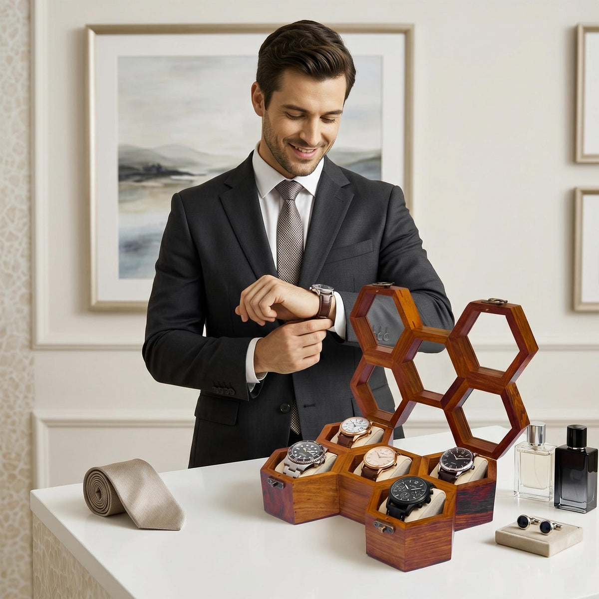 Personalized Rosewood Honeycomb Watch Box, Glass Lid Organizer, Handmade Wood Case
