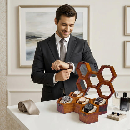 Personalized Rosewood Honeycomb Watch Box, Glass Lid Organizer, Handmade Wood Case