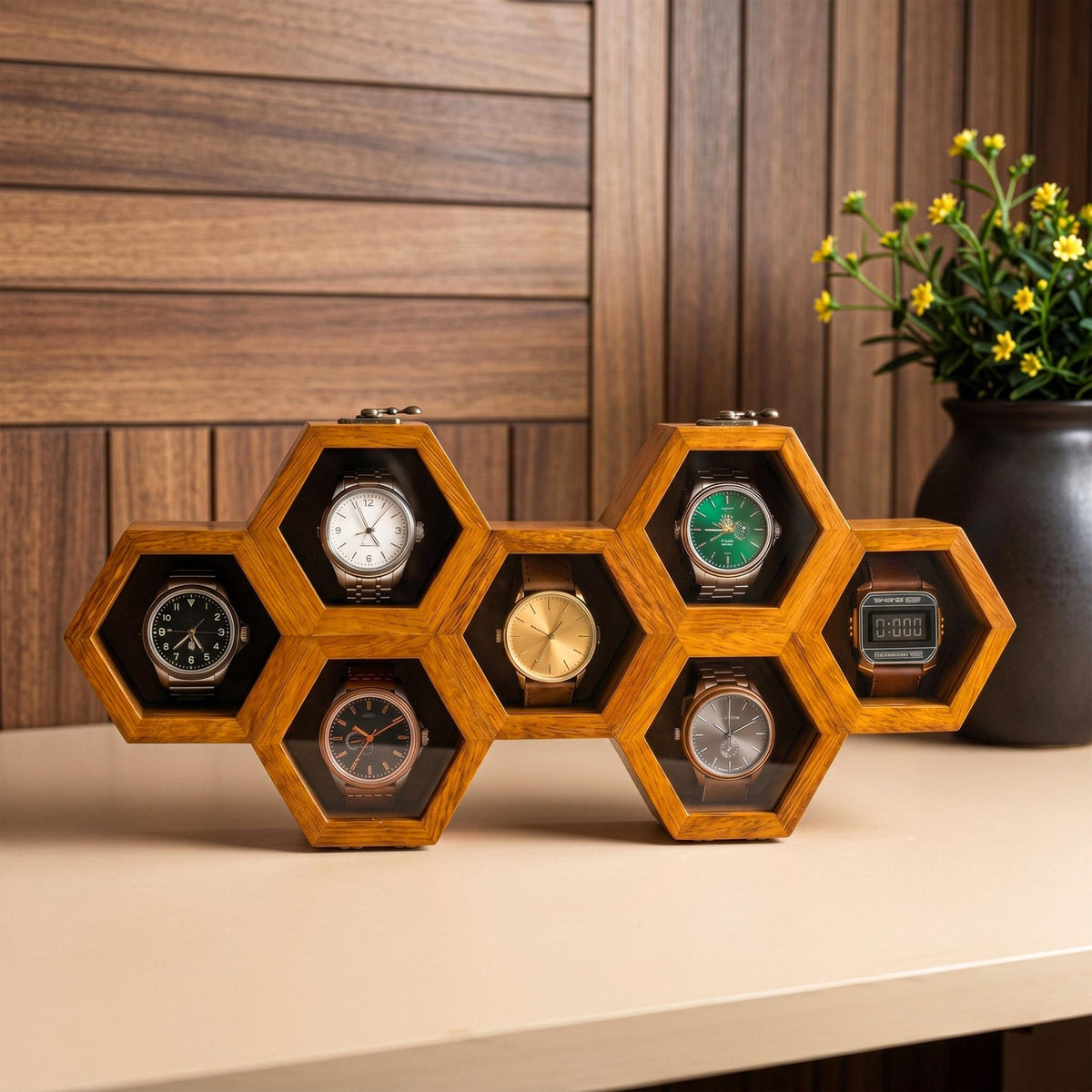 Personalized Rosewood Honeycomb Watch Box, Glass Lid Organizer, Handmade Wood Case