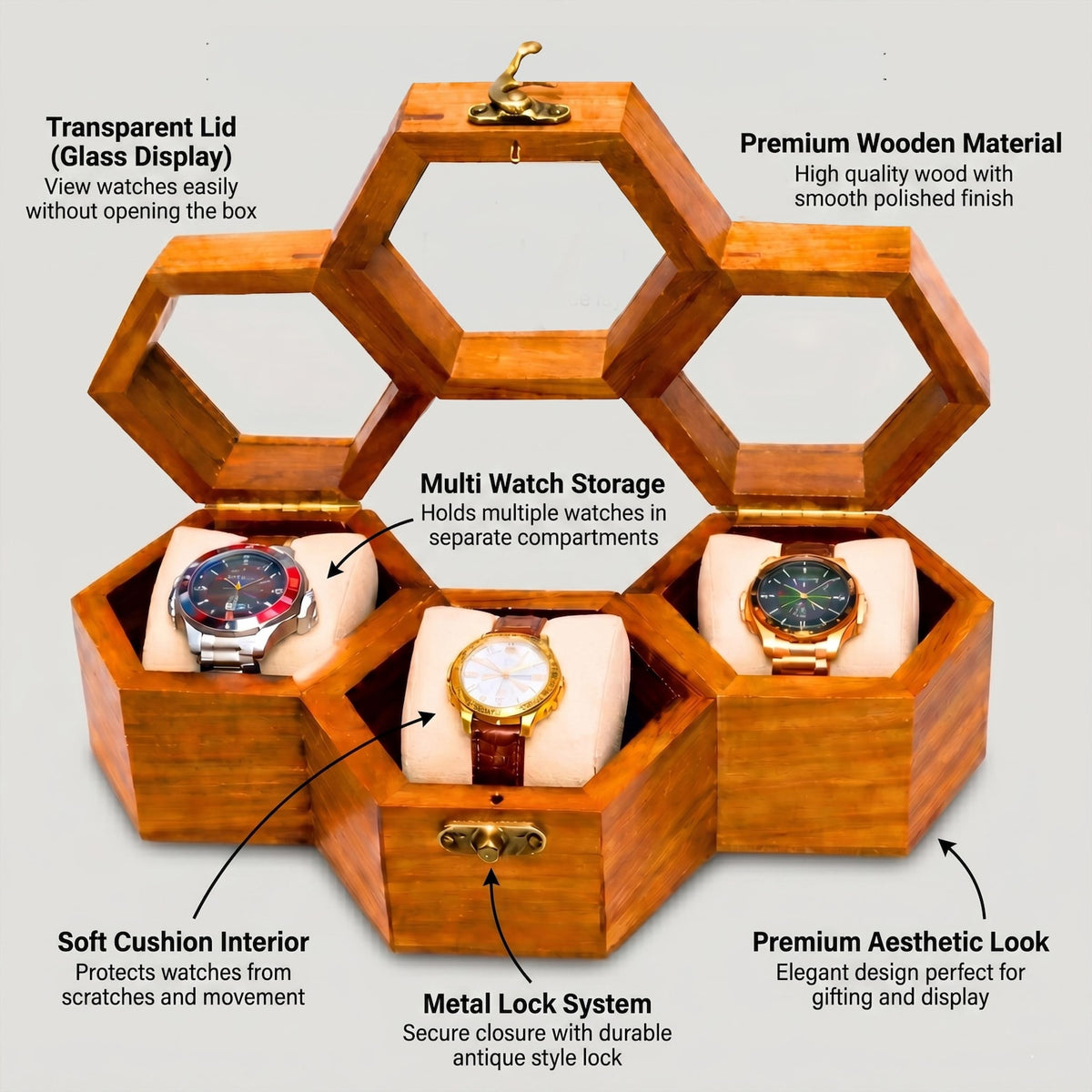 Personalized Rosewood Honeycomb Watch Box, Glass Lid Organizer, Handmade Wood Case