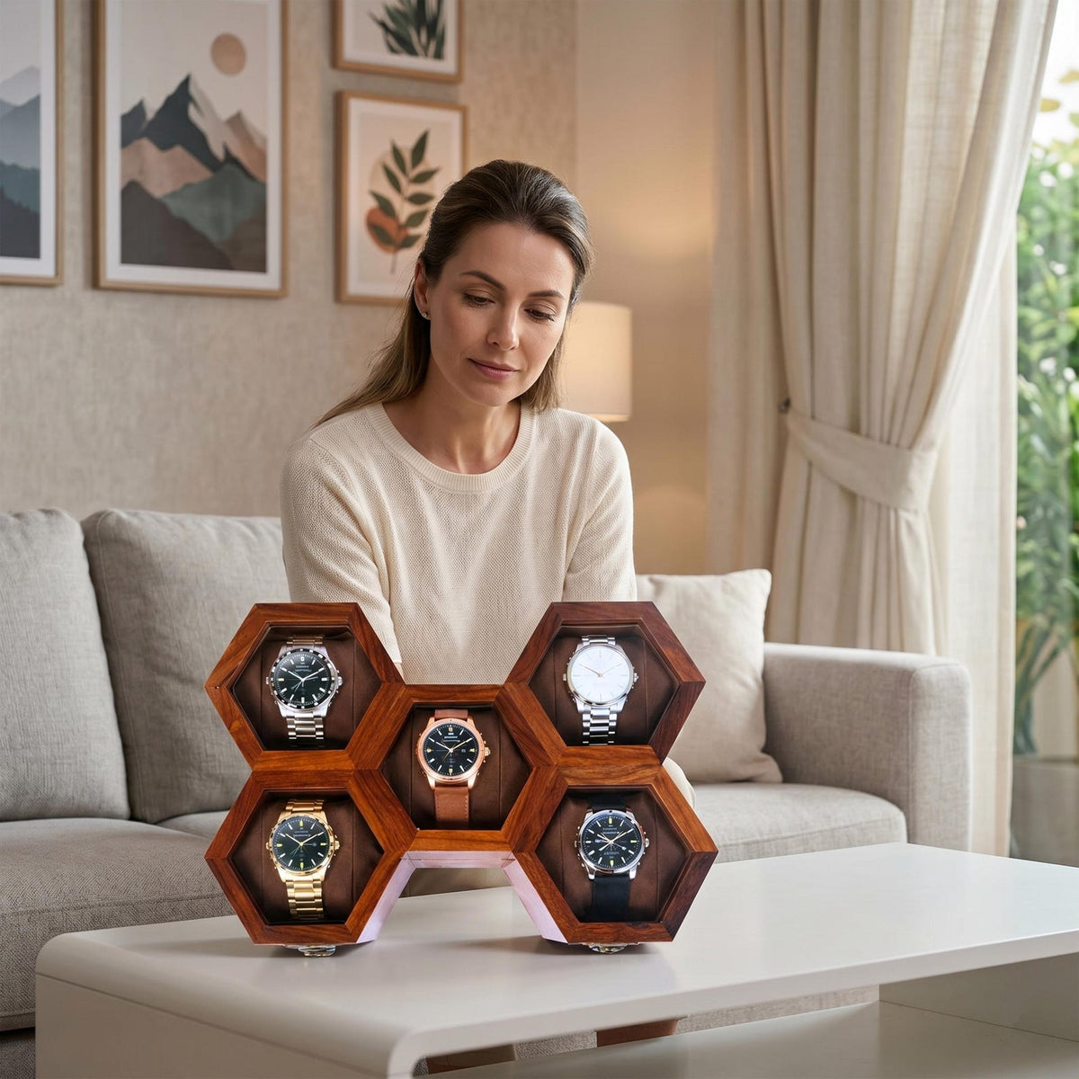 Personalized Rosewood Honeycomb Watch Box, Glass Lid Organizer, Handmade Wood Case
