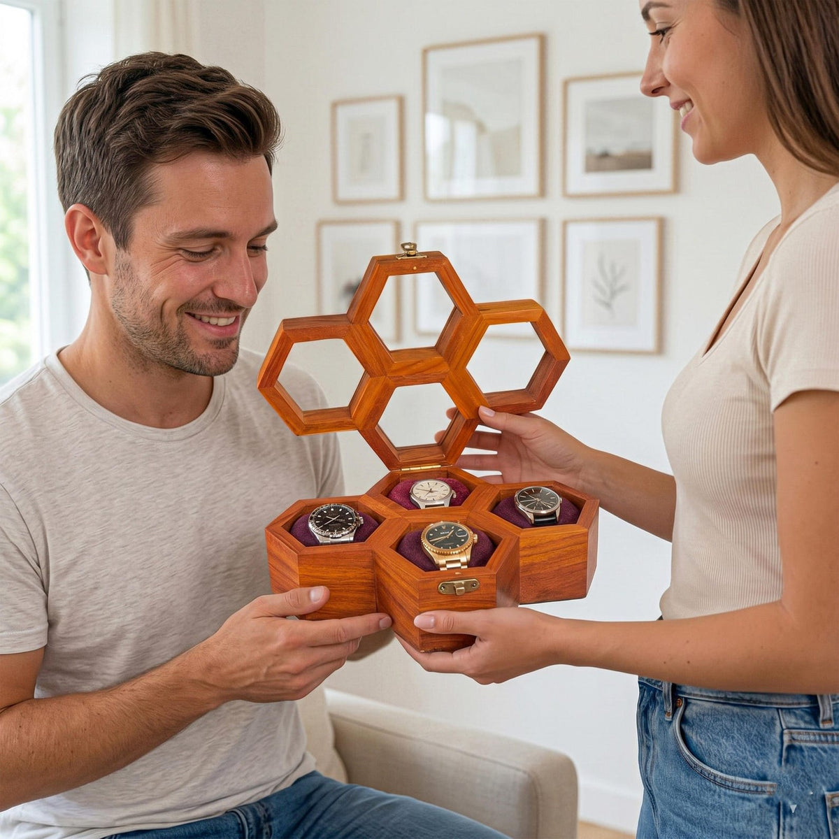 Personalized Rosewood Honeycomb Watch Box, Glass Lid Organizer, Handmade Wood Case
