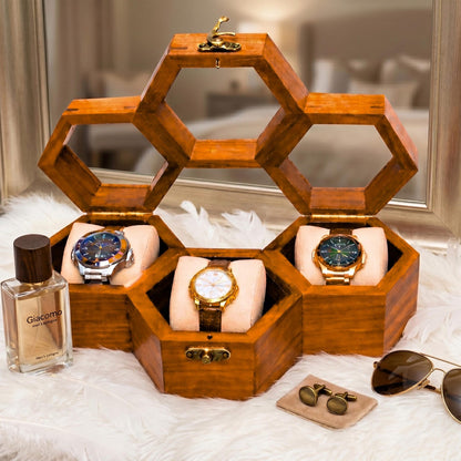 Personalized Rosewood Honeycomb Watch Box, Glass Lid Organizer, Handmade Wood Case