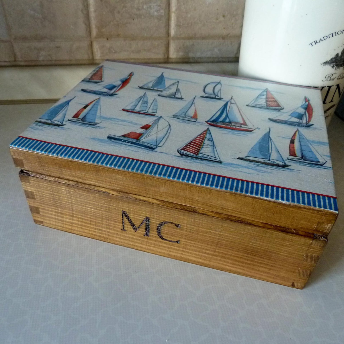 Nautical Wooden Watch Box, Sailing Boat Keepsake Gift for Him