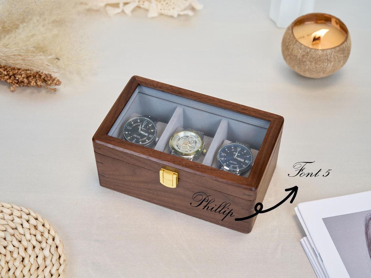 Wooden Watch Box for Men, Watch Organizer Case with Glass Lid, Luxury Wood Watch Storage Display, Custom Gift for Husband Dad Boyfriend