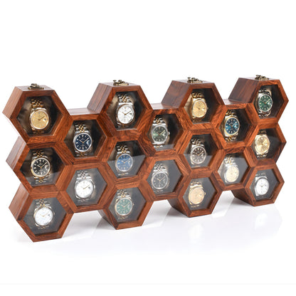 Handmade Rosewood Watch Box, Honeycomb Design, Glass Lid Organizer Case