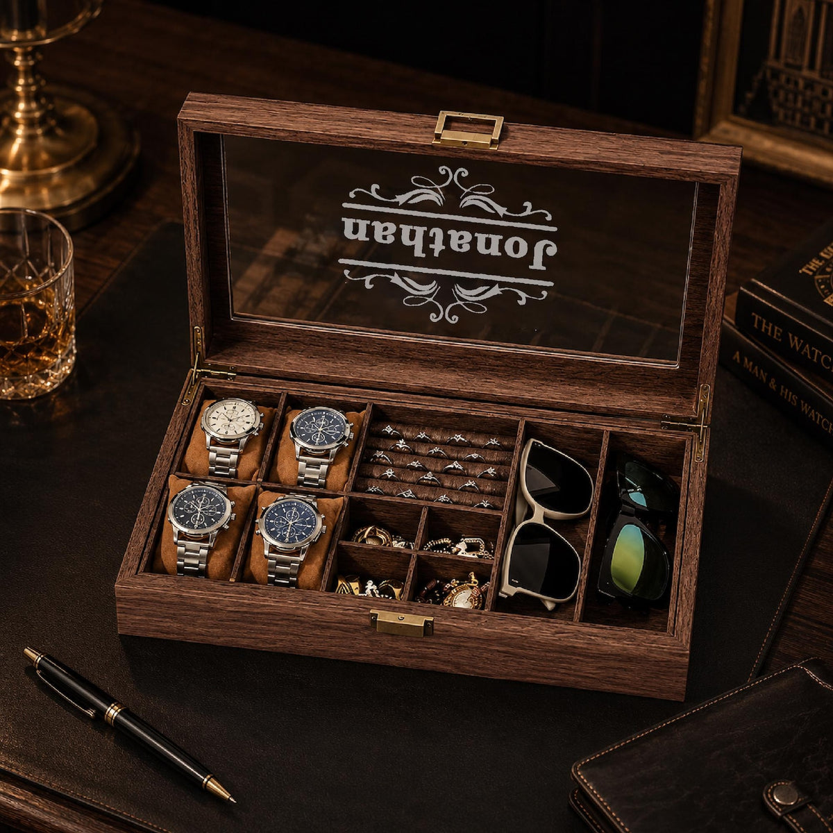 Custom Mens Storage Box,Men's Jewelry Box,Personalized Watch Box Holds Watches, Cufflinks, Sunglasses & More,Vintage Mens Gift,Gifts For Him