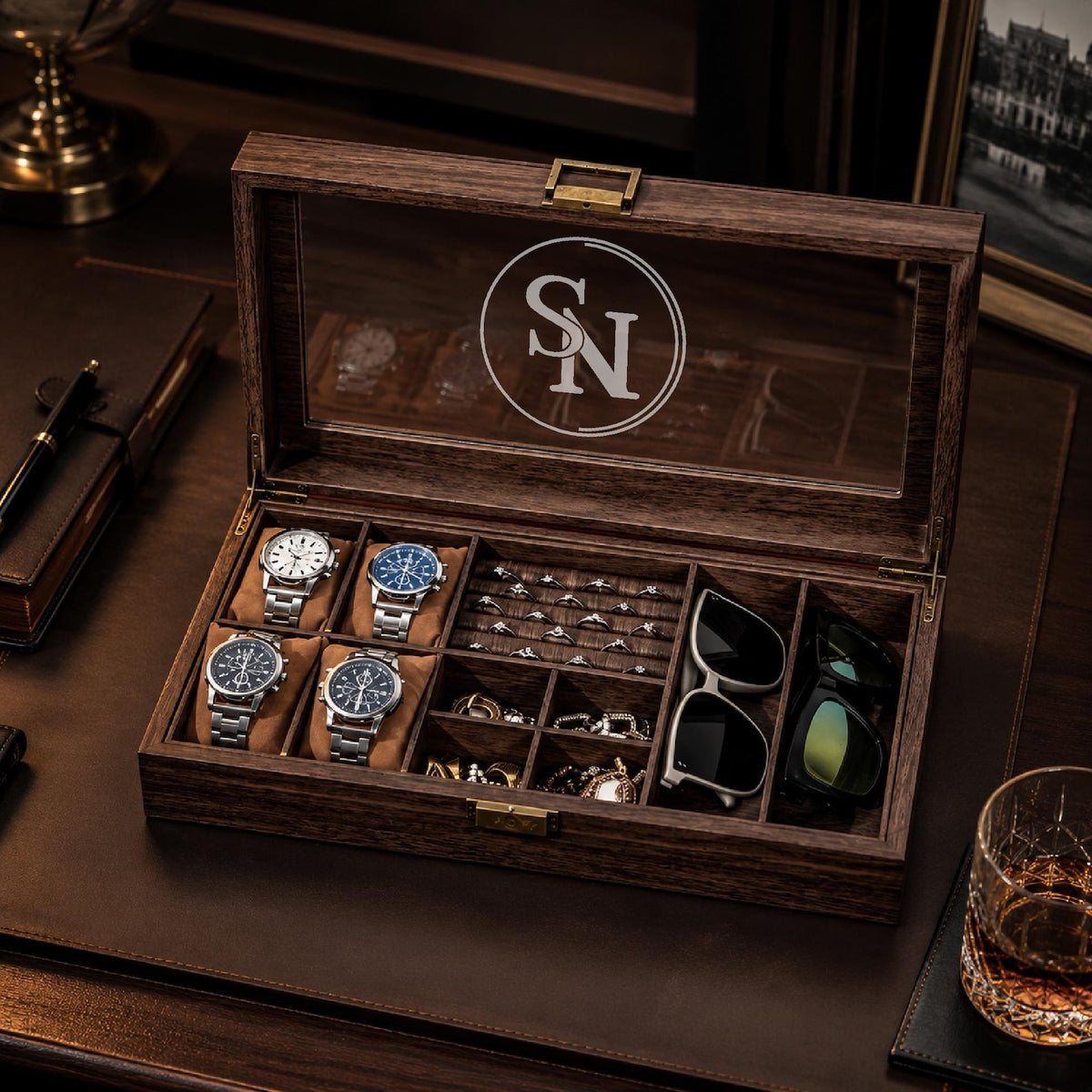 Custom Mens Storage Box,Men's Jewelry Box,Personalized Watch Box Holds Watches, Cufflinks, Sunglasses & More,Vintage Mens Gift,Gifts For Him