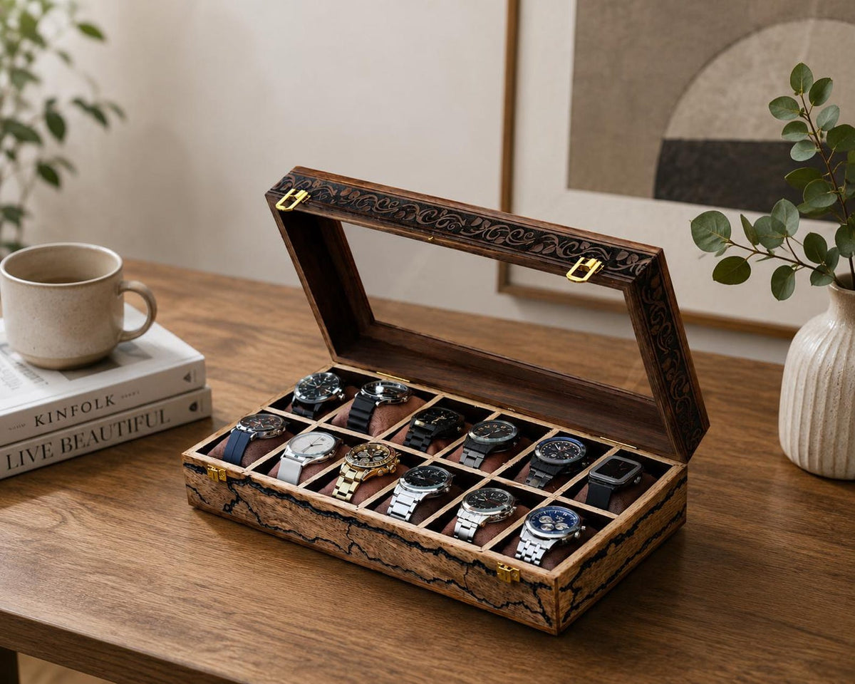 Handcrafted Rosewood Watch Box – Engraved Glass Display Organizer for Men