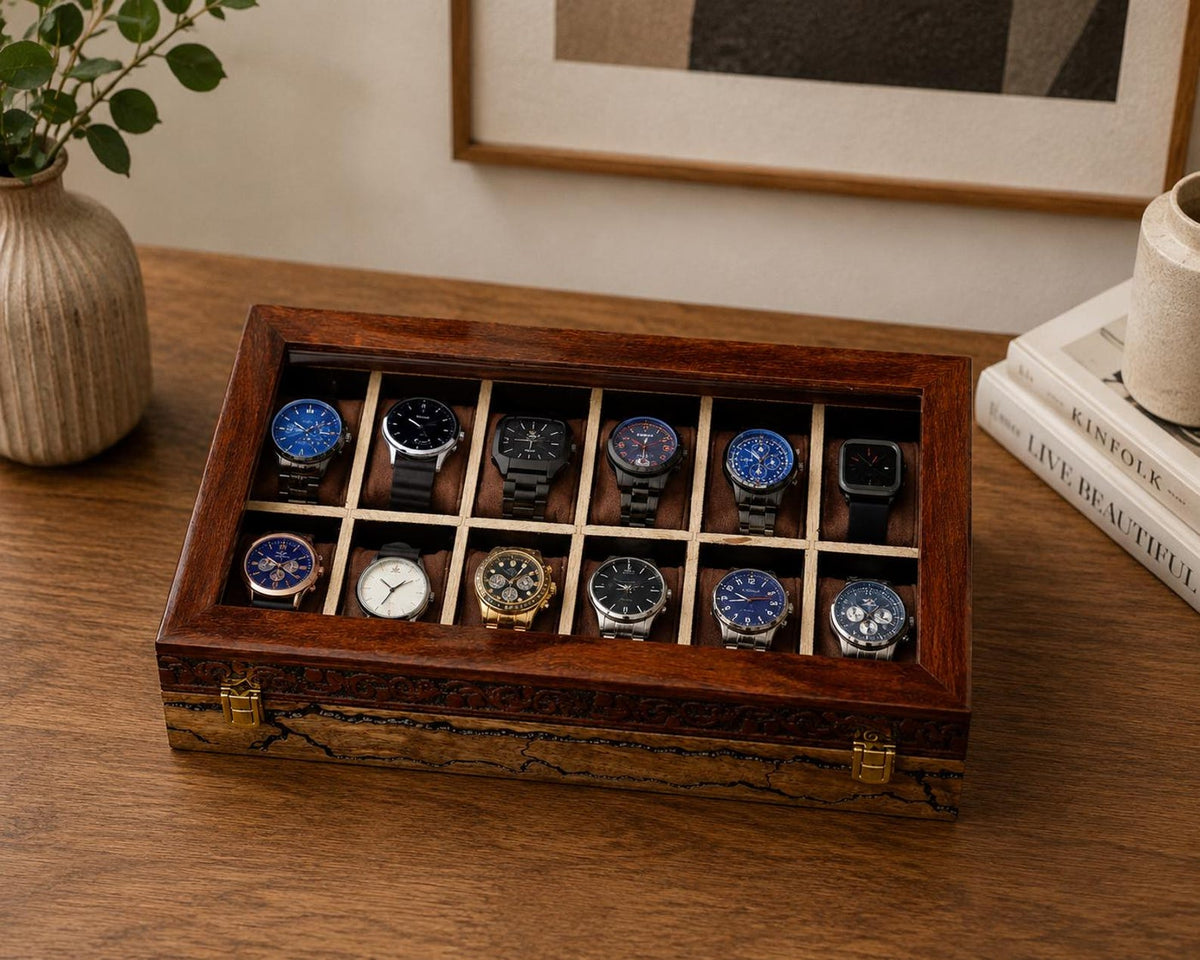 Handcrafted Rosewood Watch Box – Engraved Glass Display Organizer for Men