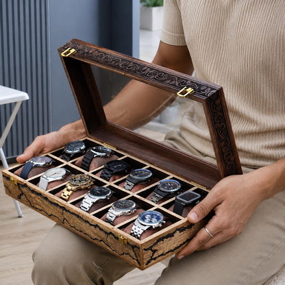 Handcrafted Rosewood Watch Box – Engraved Glass Display Organizer for Men