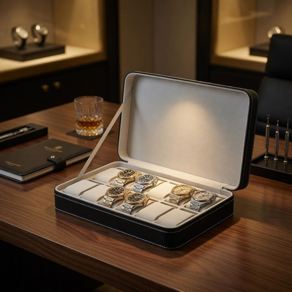 Engraved Watch Display Case 6 10 12 Slot Watch Storage Box Organizer with Zipper Luxury Collector Watch Box Gift for Men