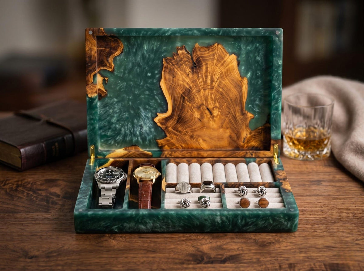Luxury Men's Jewelry Box, Green Epoxy Resin Watch Organizer, Handmade Wooden Cufflink Storage, Gift for Dad Husband Grandpa Boss