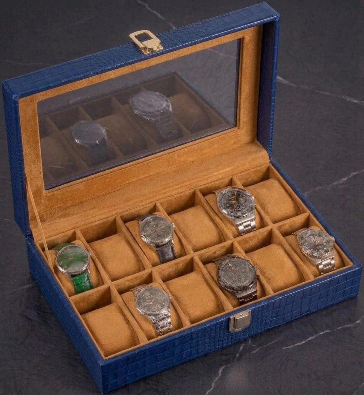 12 Slot Watch Box, Crocodile Leather Display Case, Velvet Lined Organizer