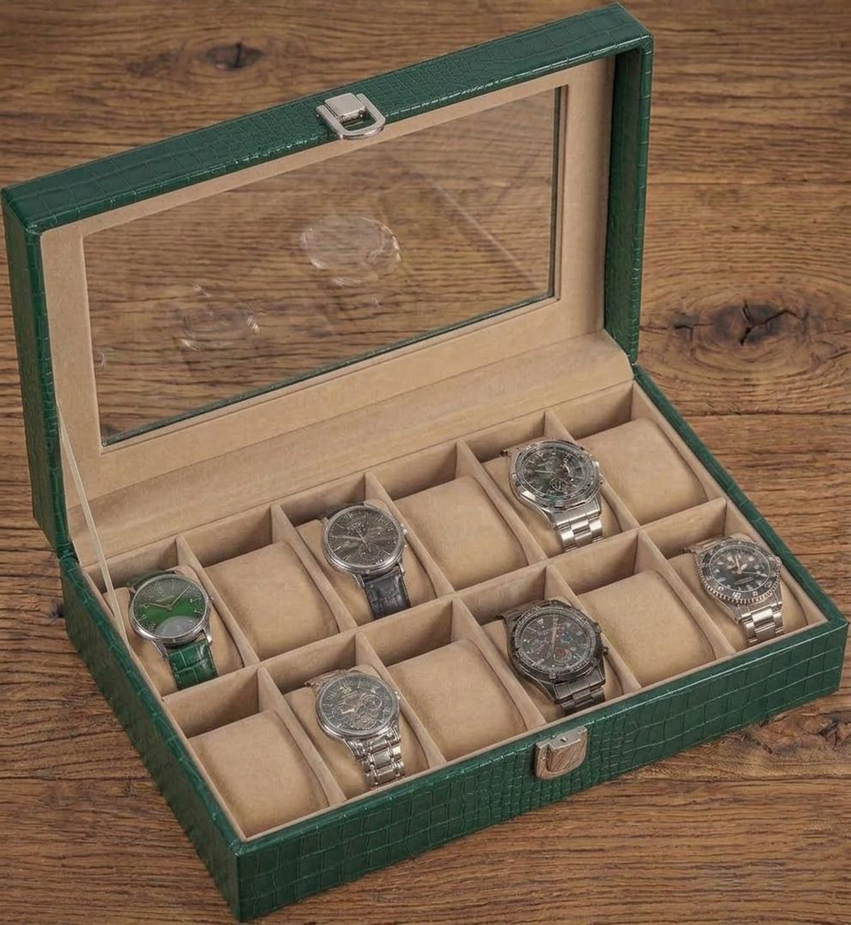 12 Slot Watch Box, Crocodile Leather Display Case, Velvet Lined Organizer