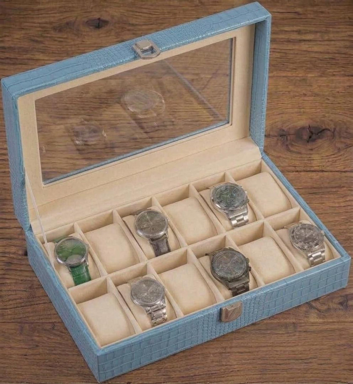 12 Slot Watch Box, Crocodile Leather Display Case, Velvet Lined Organizer