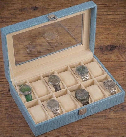 12 Slot Watch Box, Crocodile Leather Display Case, Velvet Lined Organizer