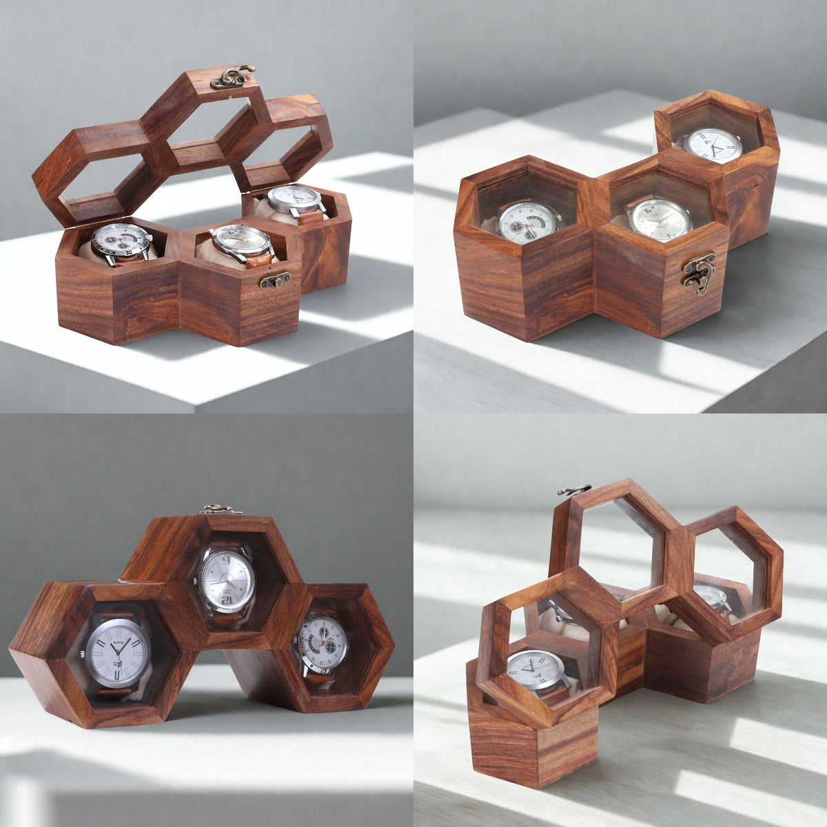 Rosewood Watch Box, Honeycomb Glass Lid Watch Organizer, Luxury Wooden Storage Case Handmade