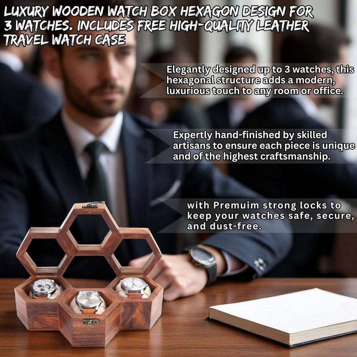 Rosewood Watch Box, Honeycomb Glass Lid Watch Organizer, Luxury Wooden Storage Case Handmade