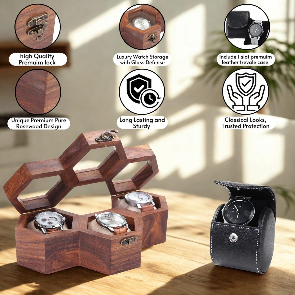 Rosewood Watch Box, Honeycomb Glass Lid Watch Organizer, Luxury Wooden Storage Case Handmade