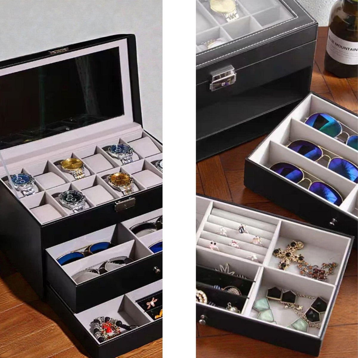 Luxury 12-Slot Watch Box with 2 Drawer Valet Case | 3-Tier Black Leather Watch Box | Mega Display Box for Sunglasses, Rings & Cufflinks