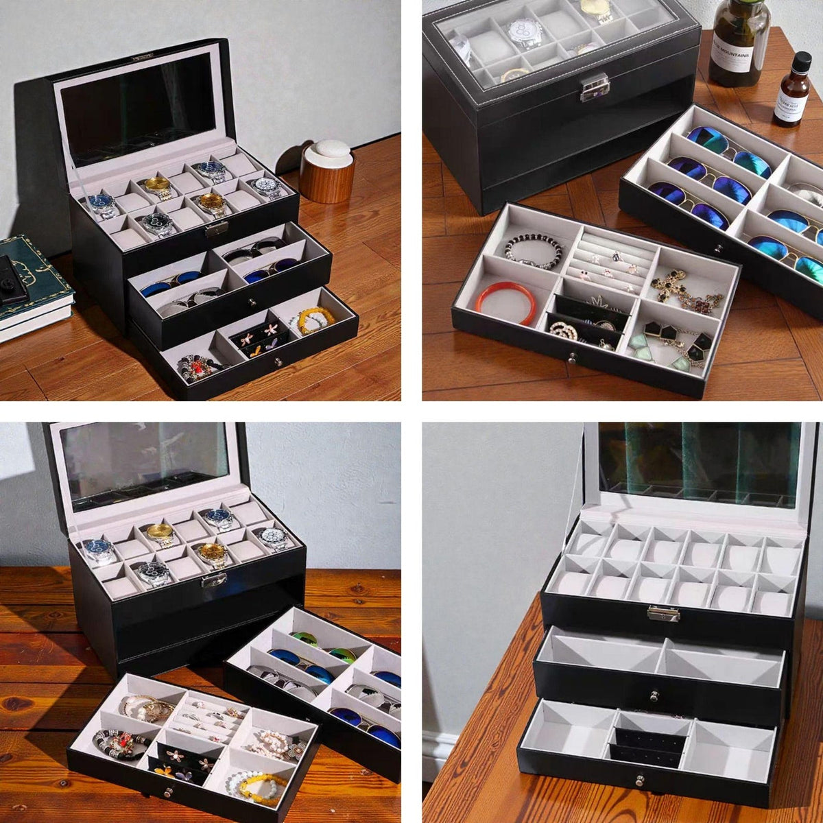 Luxury 12-Slot Watch Box with 2 Drawer Valet Case | 3-Tier Black Leather Watch Box | Mega Display Box for Sunglasses, Rings & Cufflinks