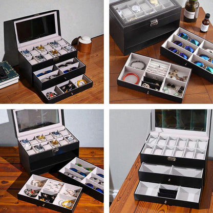 Luxury 12-Slot Watch Box with 2 Drawer Valet Case | 3-Tier Black Leather Watch Box | Mega Display Box for Sunglasses, Rings & Cufflinks