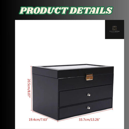 Luxury 12-Slot Watch Box with 2 Drawer Valet Case | 3-Tier Black Leather Watch Box | Mega Display Box for Sunglasses, Rings & Cufflinks