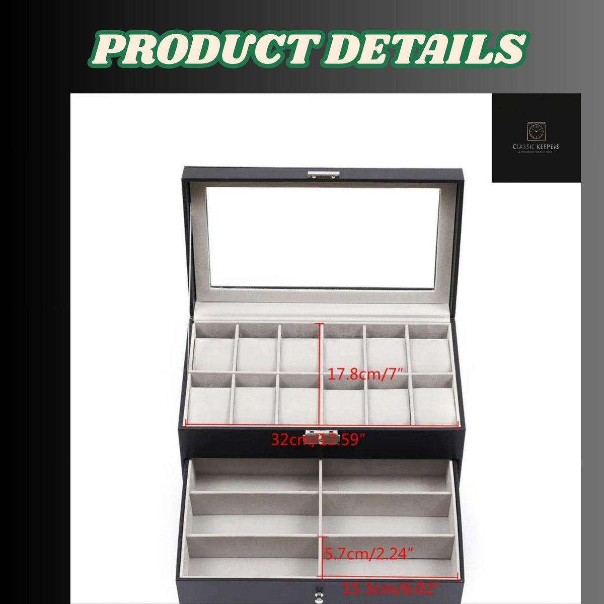 Luxury 12-Slot Watch Box with 2 Drawer Valet Case | 3-Tier Black Leather Watch Box | Mega Display Box for Sunglasses, Rings & Cufflinks