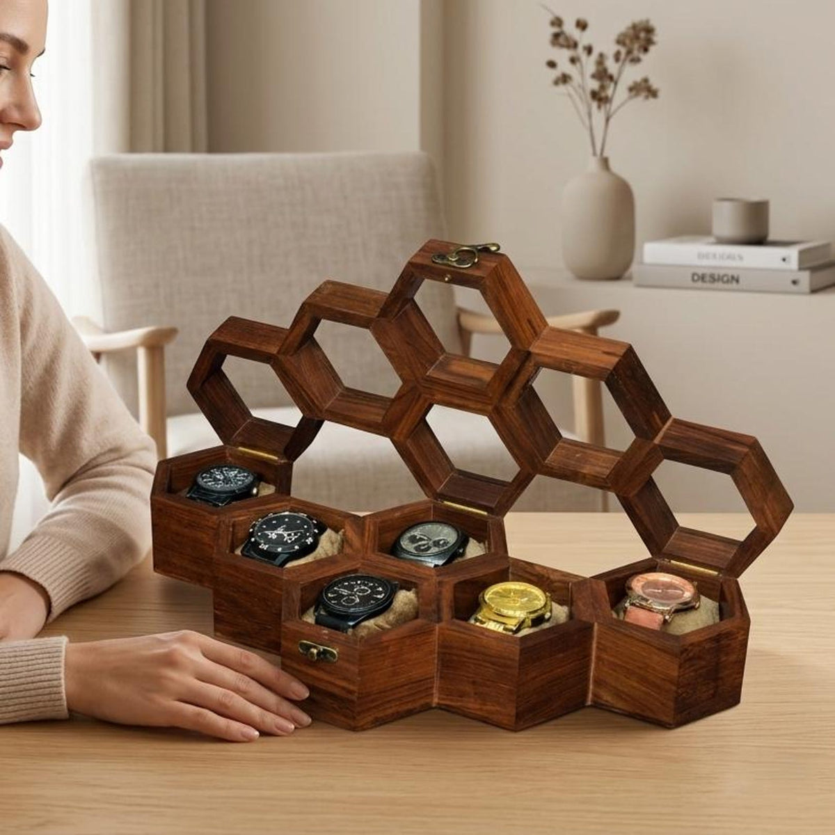 Honeycomb Wooden Watch Box | Handcrafted Hexagon Organizer