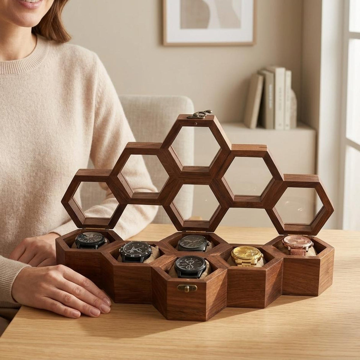 Honeycomb Wooden Watch Box | Handcrafted Hexagon Organizer