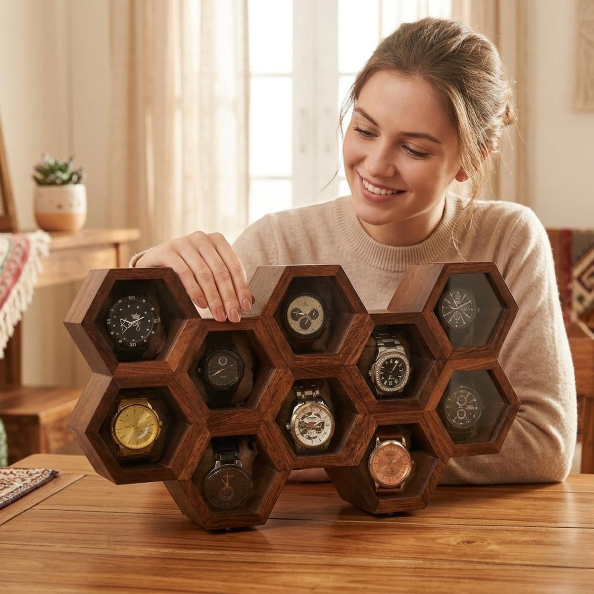 Honeycomb Wooden Watch Box | Handcrafted Hexagon Organizer
