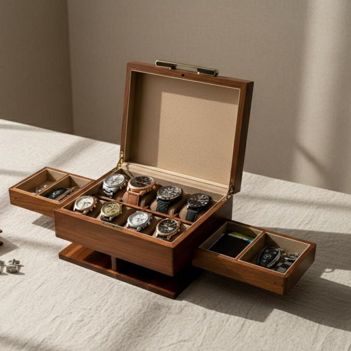 Engraved Rustic Watch Box for Men Dresser Organizer with Divider Pillow Pull-Out Drawer Case for Men Jewelry Fathers Day or Valentine Gift
